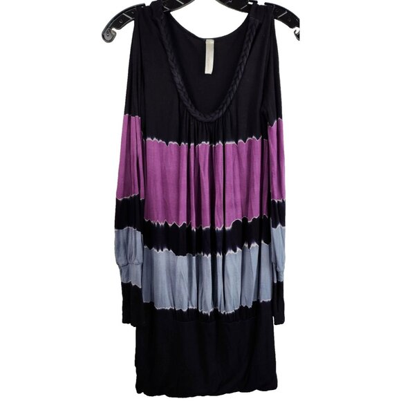 S-Twelve Womens Mini Dress Medium Black Purple Tie Dye Cold Shoulder Hippie BOHO - Picture 1 of 9